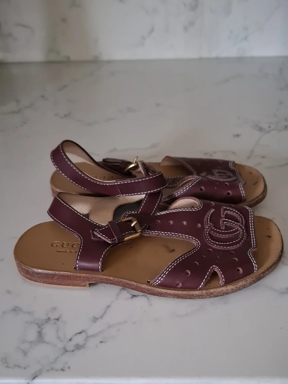 Gucci Girls Burgundy Leather Slingback Sandals